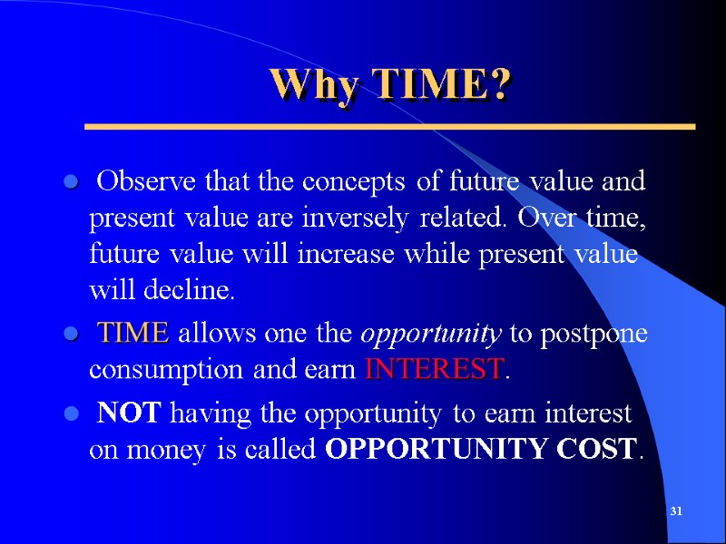 Why TIME?  Observe that the concepts of future value and present value are